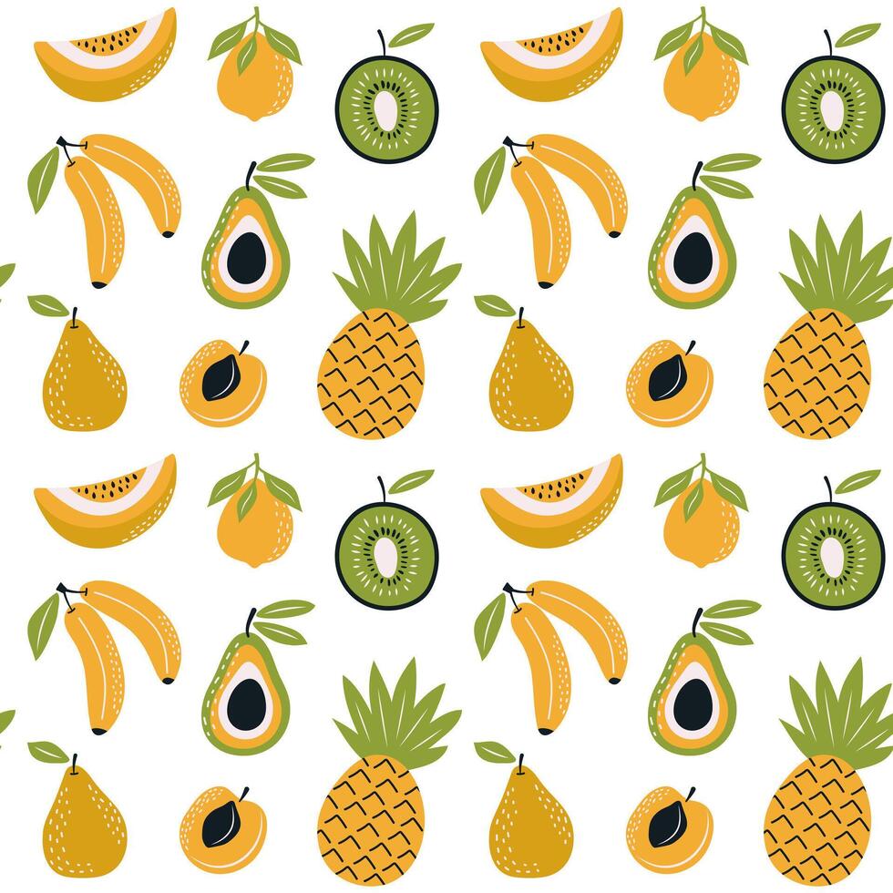Seamless pattern with fruits. Pineapple, apricot, banana, kiwi, pear, avocado, melon and lemon on white background. vector