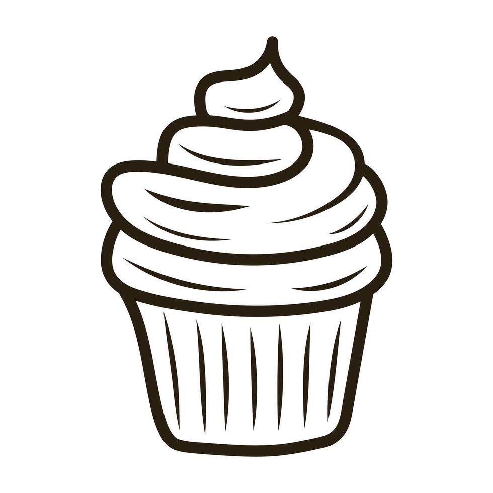 Doodle cupcake with whipped cream. Outline hand drawn icon for coffee and bakery cafe. vector