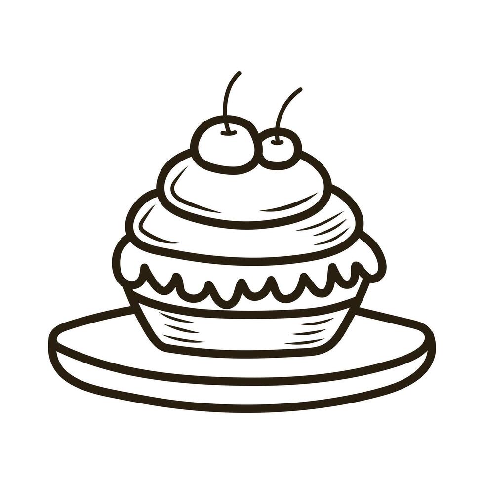 Doodle cake with cherry. Outline hand drawn icon for coffee and bakery cafe. vector