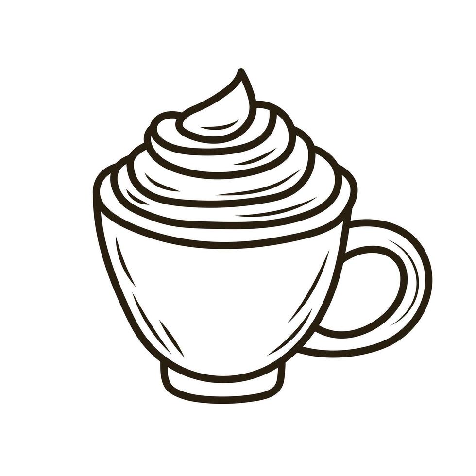 Doodle coffee cup with whipped cream. Outline hand drawn icon for coffee and bakery cafe. vector