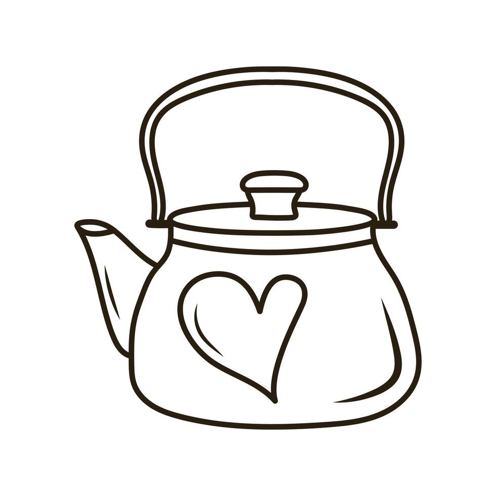 Doodle teapot with heart. Outline hand drawn icon for coffee and bakery cafe. vector