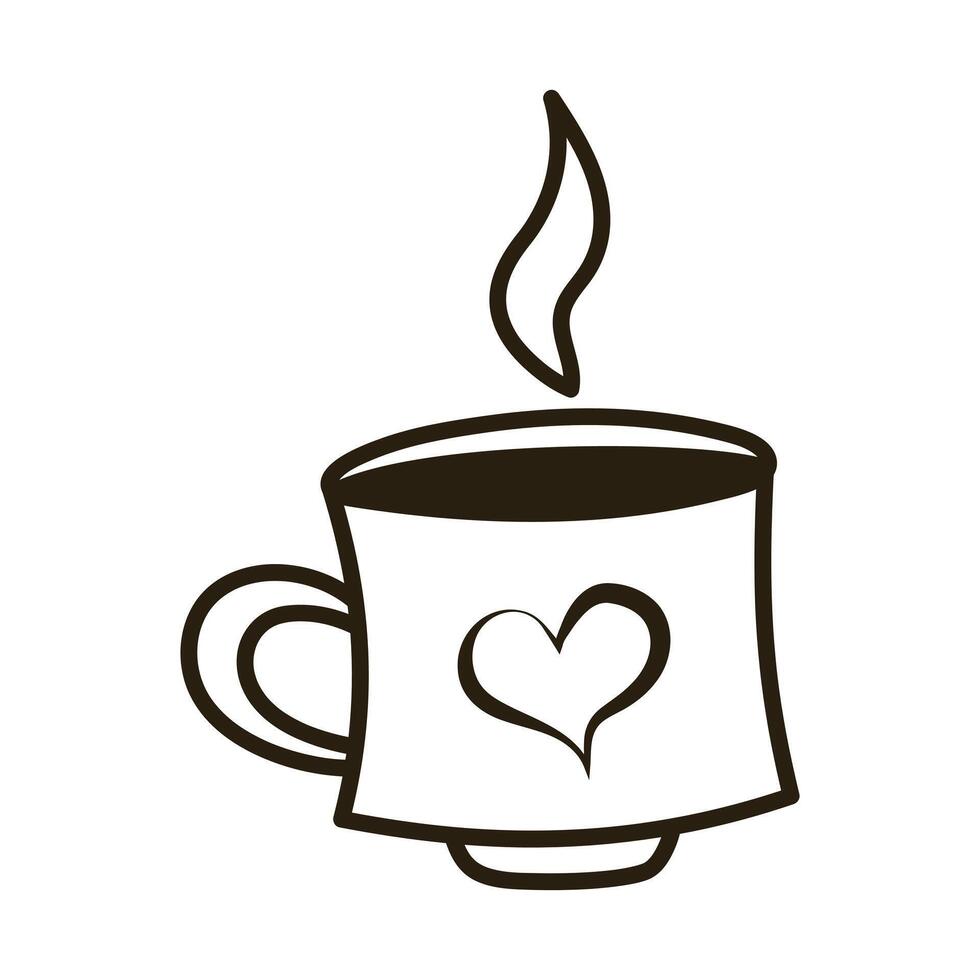Doodle coffee cup with steam and heart. Outline hand drawn icon for coffee and bakery cafe. vector