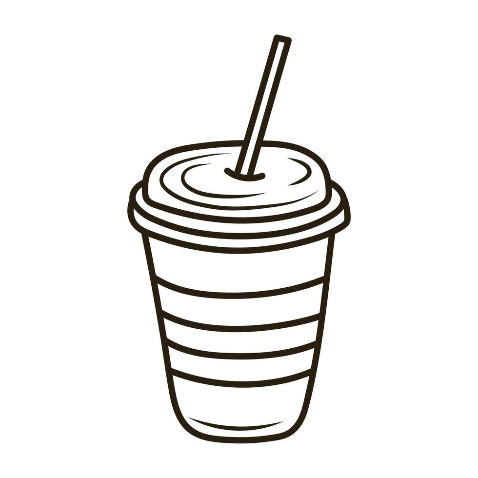 Doodle plastic coffee cup with straw. Outline hand drawn icon for coffee and bakery cafe. vector