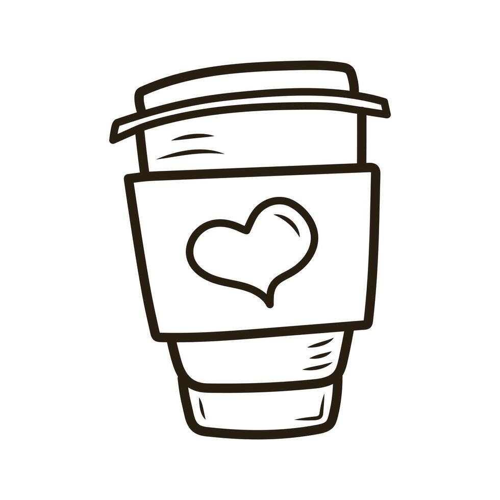 Doodle plastic coffee cup with heart. Outline hand drawn icon for coffee and bakery cafe. vector