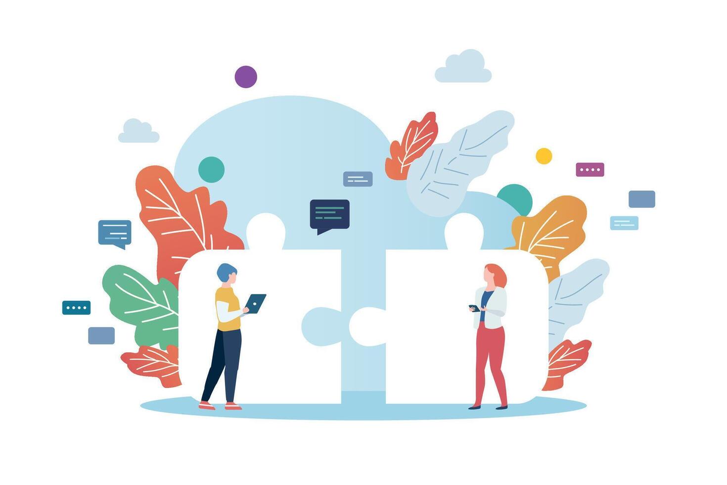 Business people pushing two jigsaw pieces together. Business teamwork. vector