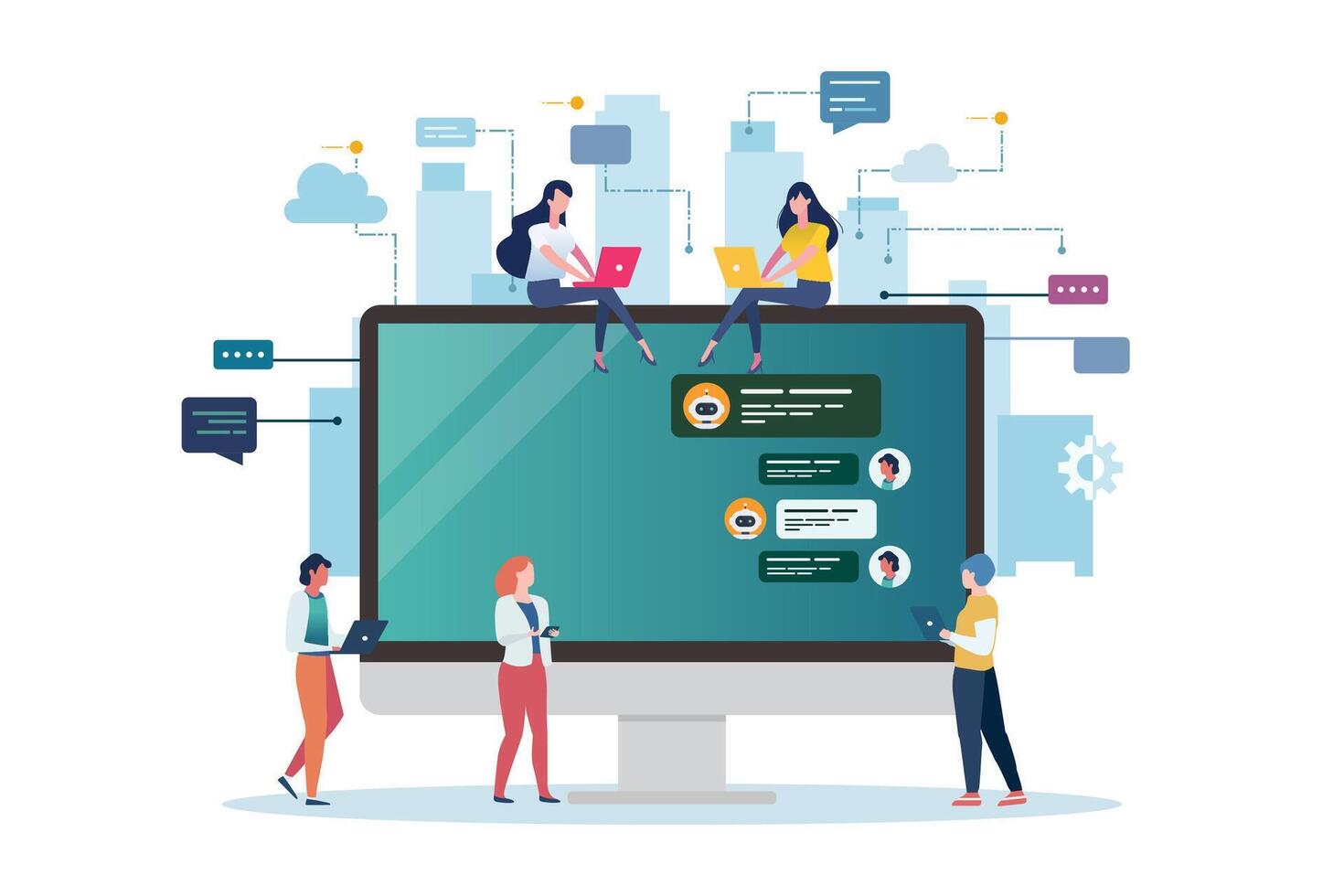 Social network web site surfing concept with computer screen. Global Business Concept. Teamwork Cooperation with Business People Characters. vector