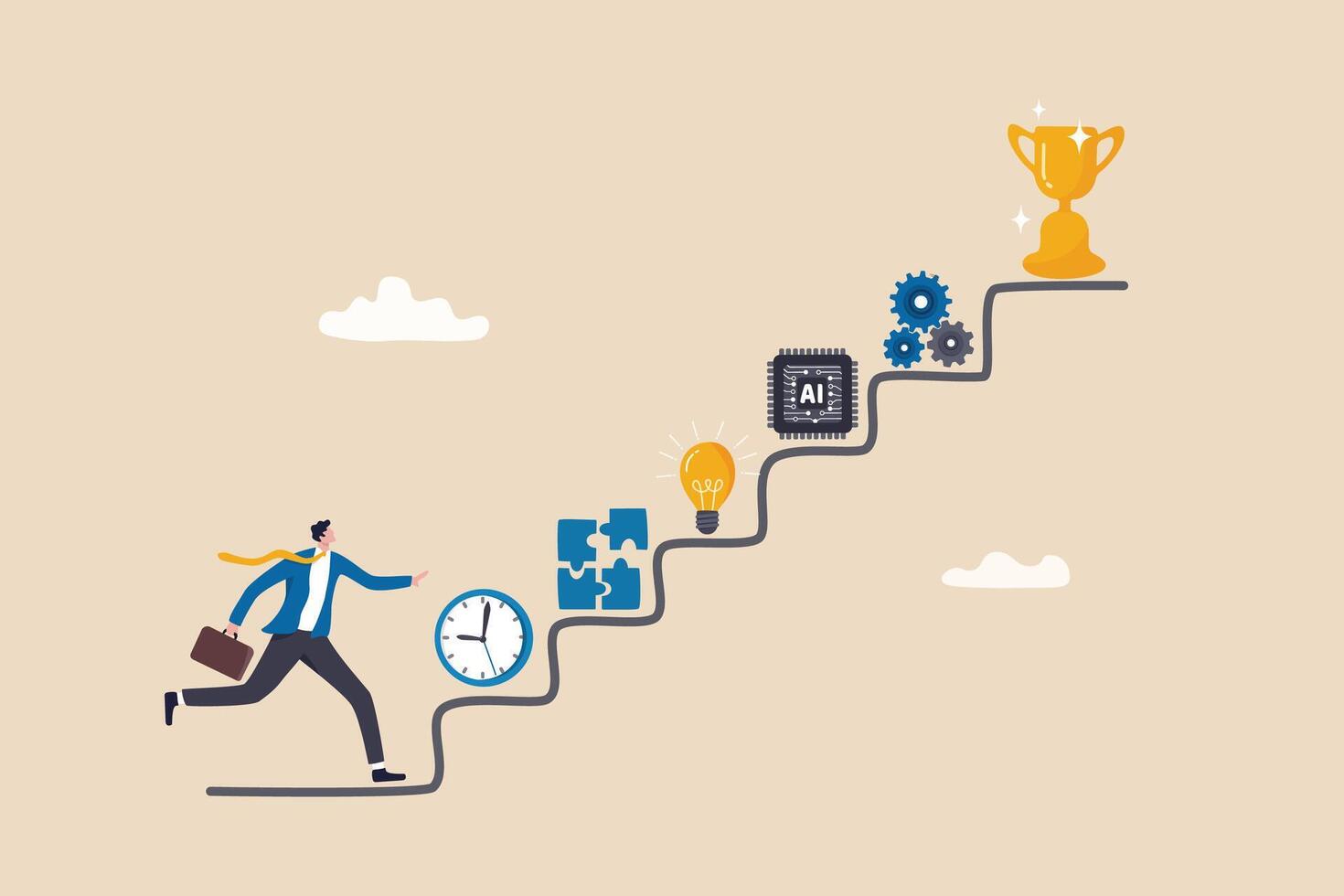 Skill development for career growth to success, leadership ladder or job improvement, experience or motivation to succeed concept, businessman climb up stair of working skill to reach winning trophy. vector