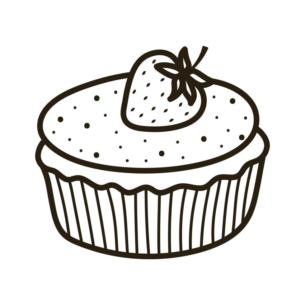 Doodle cake with strawberry. Outline hand drawn icon for coffee and bakery cafe. vector
