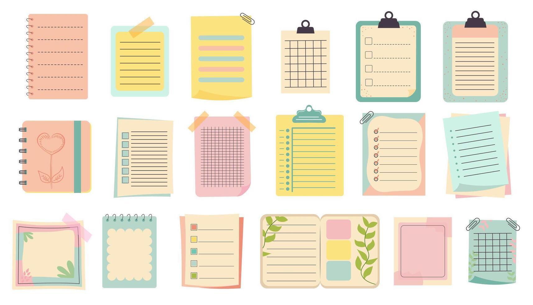 Set of planners, note paper templates. Cute memo template collection. Colorful notebook empty pages for kids, school or office. vector