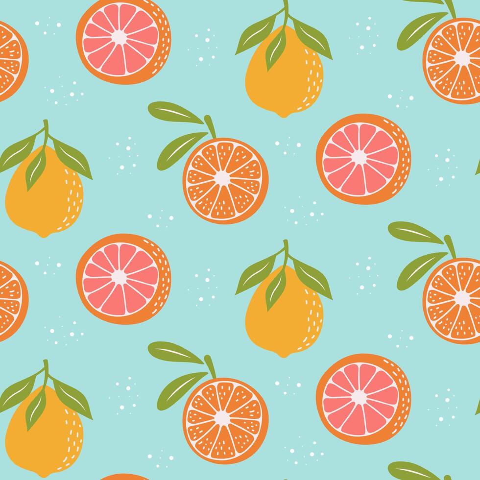 Seamless pattern with citrus fruit on pastel blue background. Oranges, grapefruit, lemon seamless pattern. vector