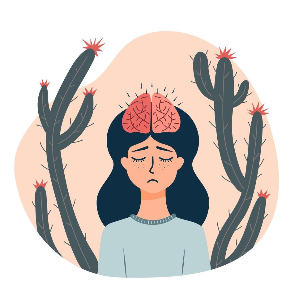 Sad woman with a brain restriction or dysfunction. Cacti with thorns around her. Depression, schizophrenia, obsessive compulsive thoughts, stress, mental health, neurological or bipolar disorder vector