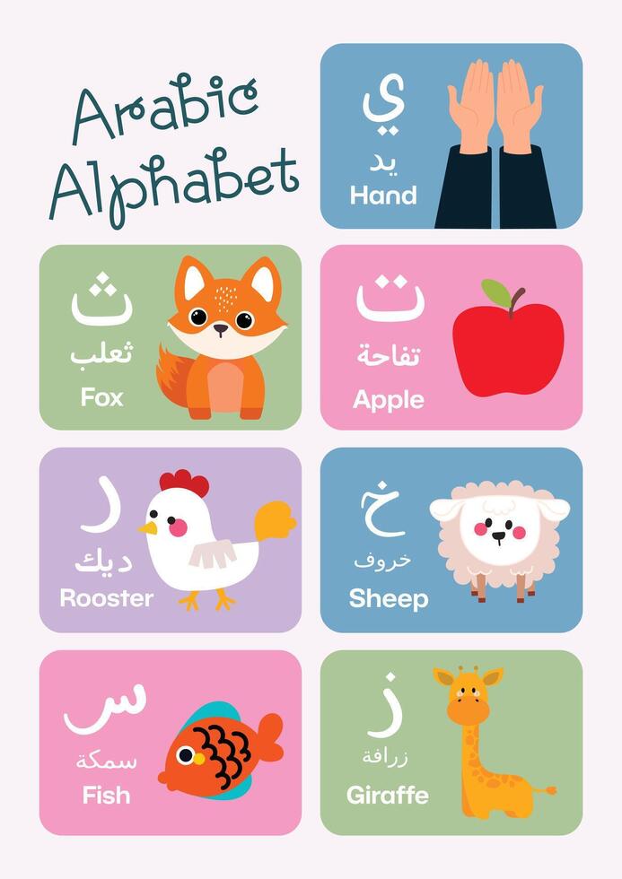 cute kids learn Arabic alphabet flashcard printable for education fun learning vector