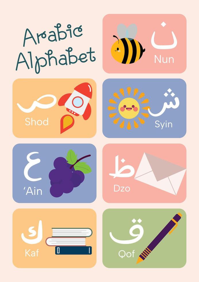 cute kawaii kids learn Arabic alphabet flashcard printable for education fun learning vector