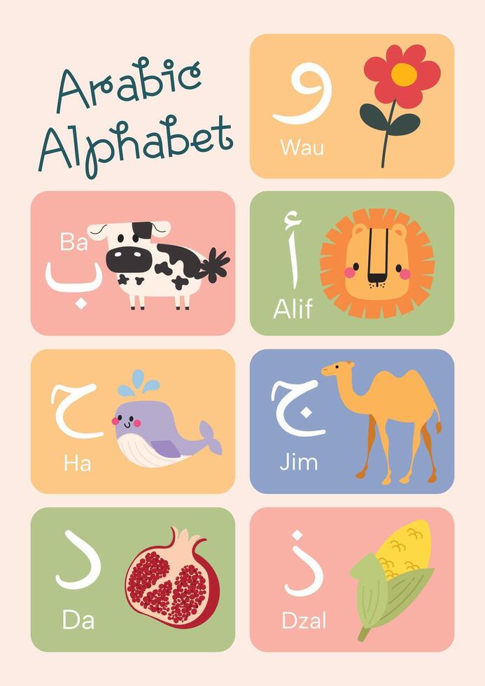 cute kawaii kids learn Arabic alphabet flashcard printable for education fun learning vector
