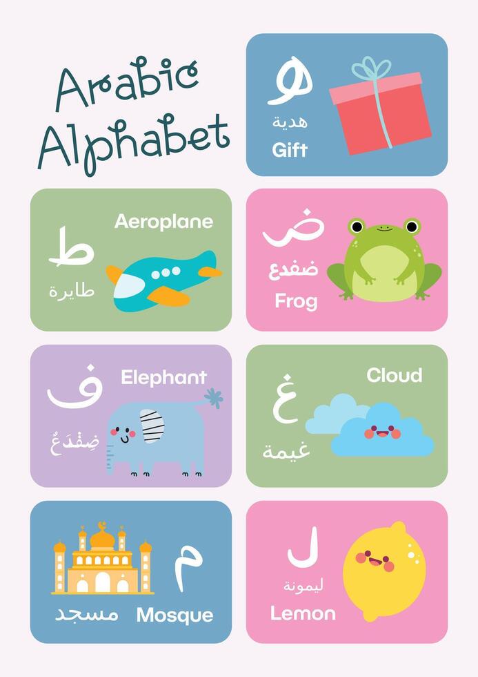cute kids learn Arabic alphabet flashcard printable for education fun learning vector