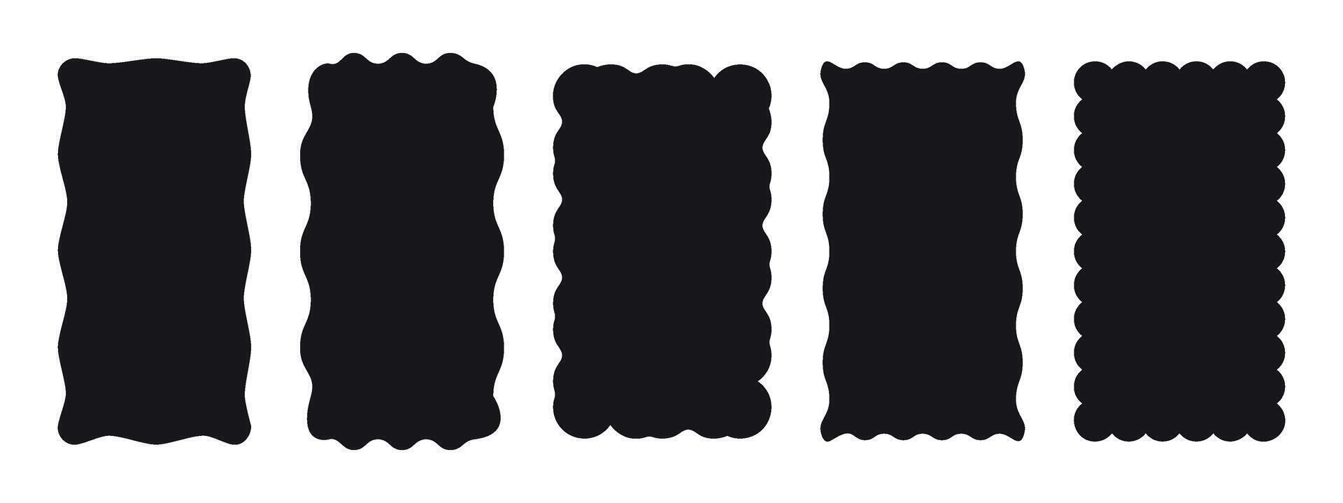 Set of 5 black rectangle with wavy borders. Trendy frame for a photo, picture or mirror. Template, stickers, social media. illustration isolated on a white background. vector