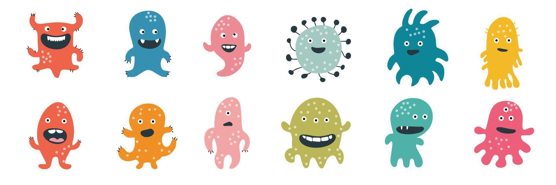 Collection of microbe characters in flat style. Hand drawn art. vector