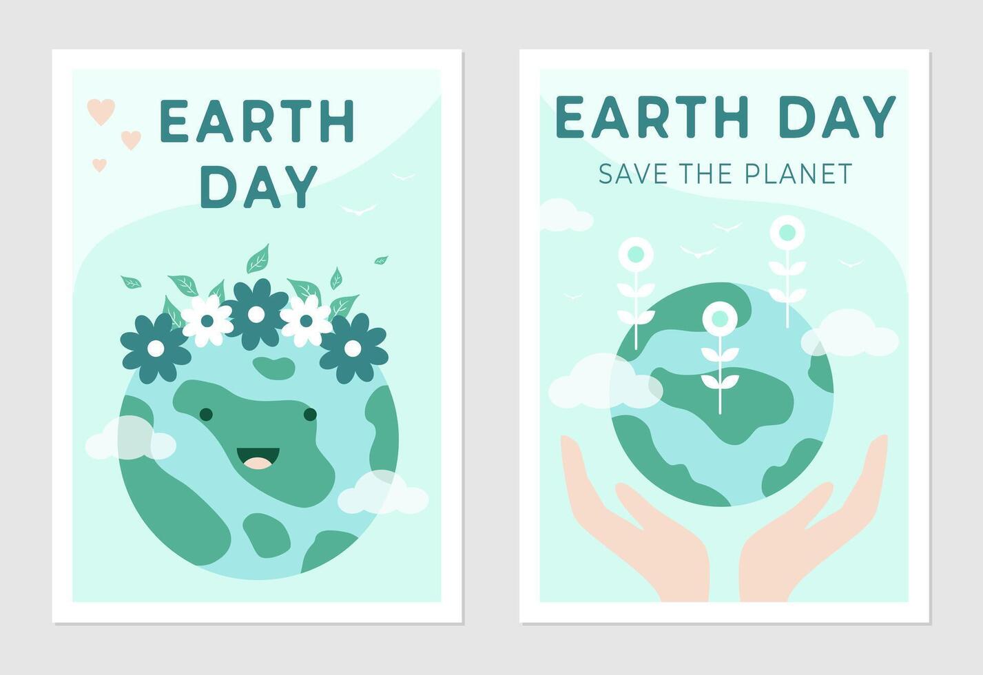 Ecology poster set for Earth Day. Illustration of planet with blooming flowers. Hands holding planet. Environmental protection and text design. vector
