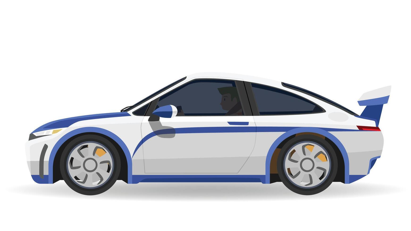 Concept illustration of detailed side of a flat sports car with driving man inside car. Car white and line blue color. with shadow of car on isolated white background. vector