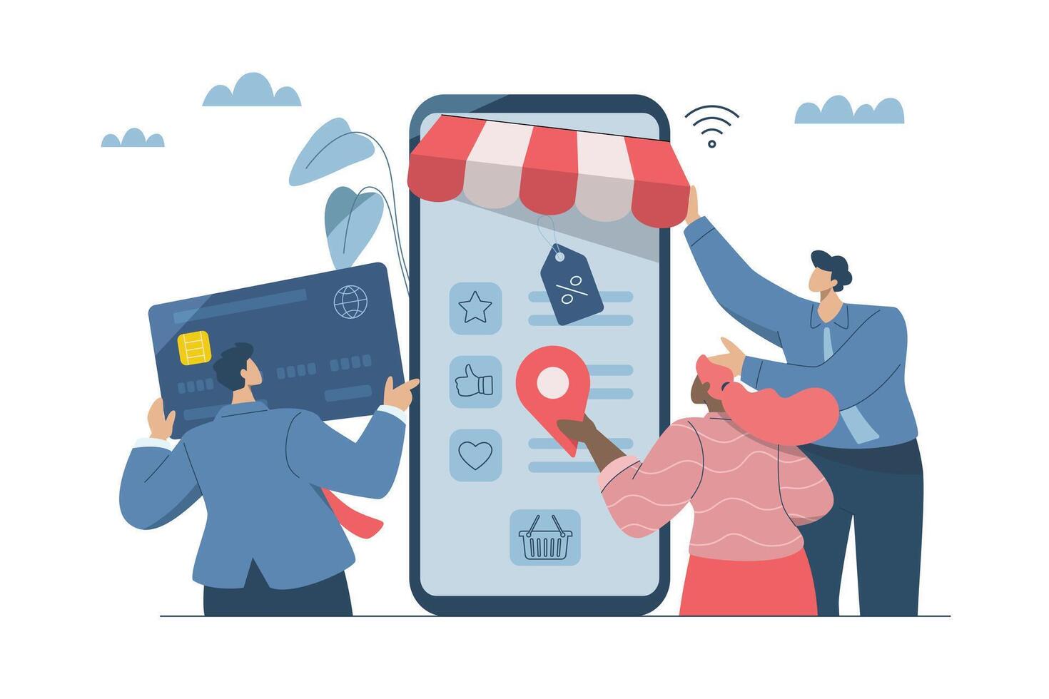 Online store design, Collaboration of partners, website development, Online shopping store concept creation, Business team working on web design development for mobile phone screens. design. vector