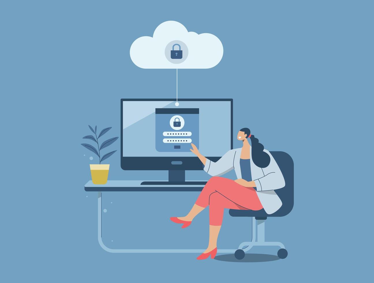 Protection of important personal databases, Secure cloud downloads and uploads, Personal security management concept, Woman using computer online in social media. design illustration. vector