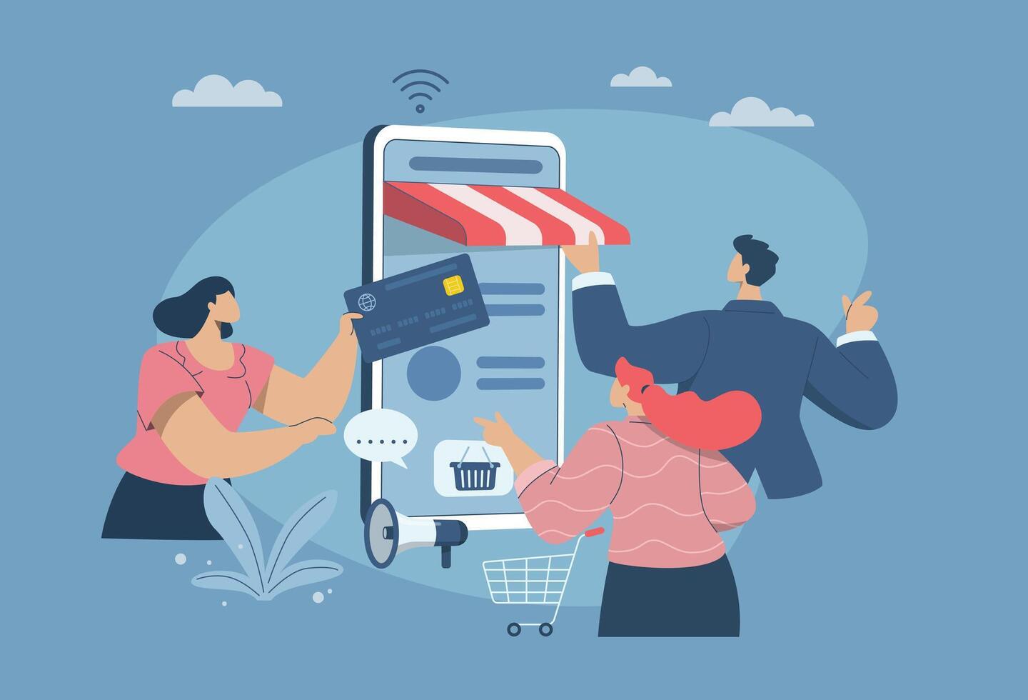 Online store design, Collaboration of partners, website development, Online shopping store concept creation, Business team working on web design development for mobile phone screens. design. vector