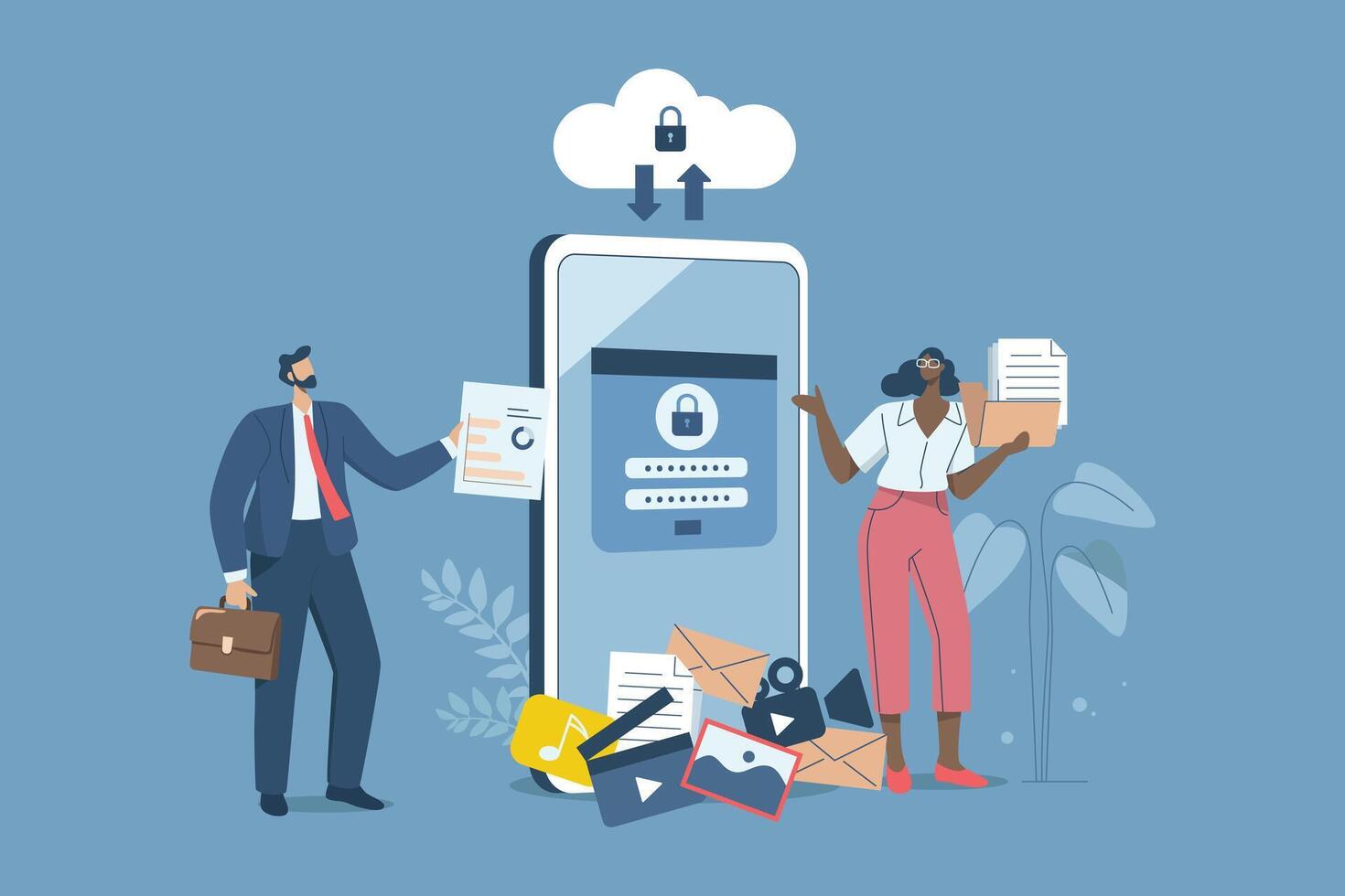 Organizing important databases and safe storage, Secure cloud downloads and uploads, Protection of corporate databases and sensitive personal data in smartphone. design illustration. vector