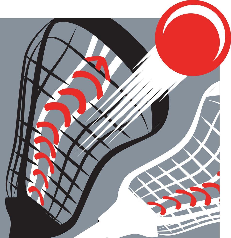 template for a logo with two lacrosse sticks and a red ball on a gray background. vector