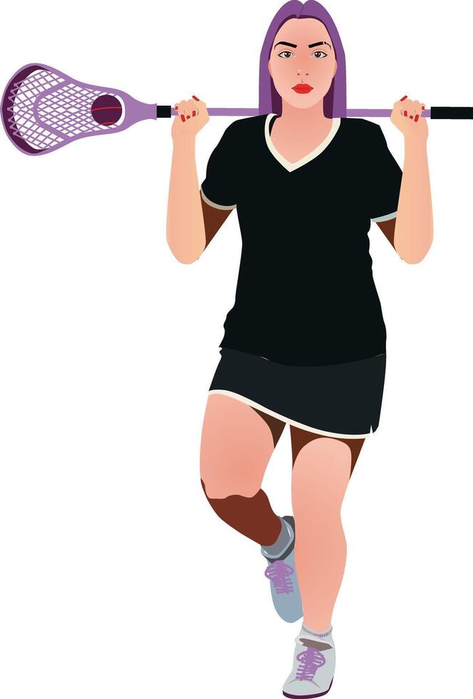 beautiful girl in full growth with lacrosse sticks. vector