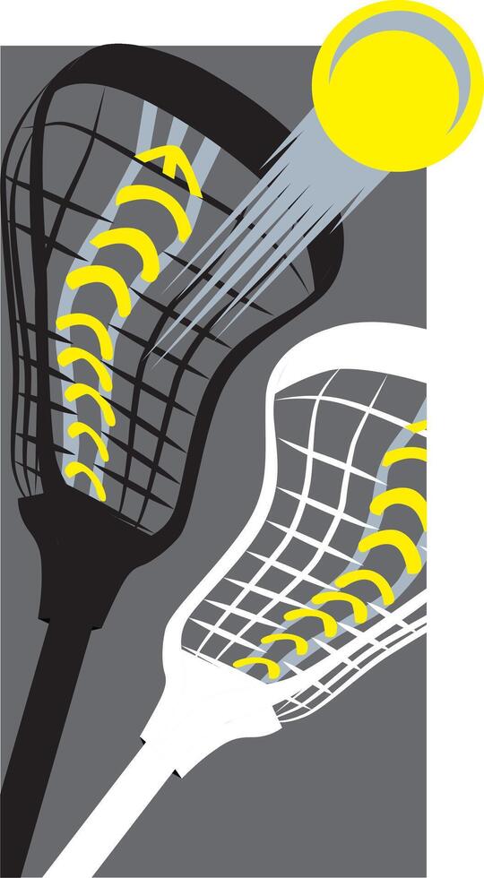 template for a logo with two lacrosse sticks and a yellow ball on a gray background. vector