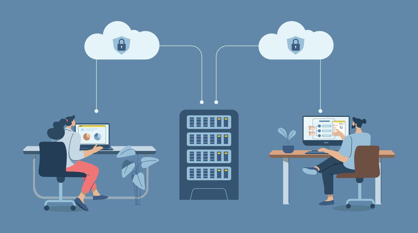 Cloud protection of important corporate databases or personal data, Secure cloud downloads and uploads, Business team working with computers via secure online system. design illustration. vector