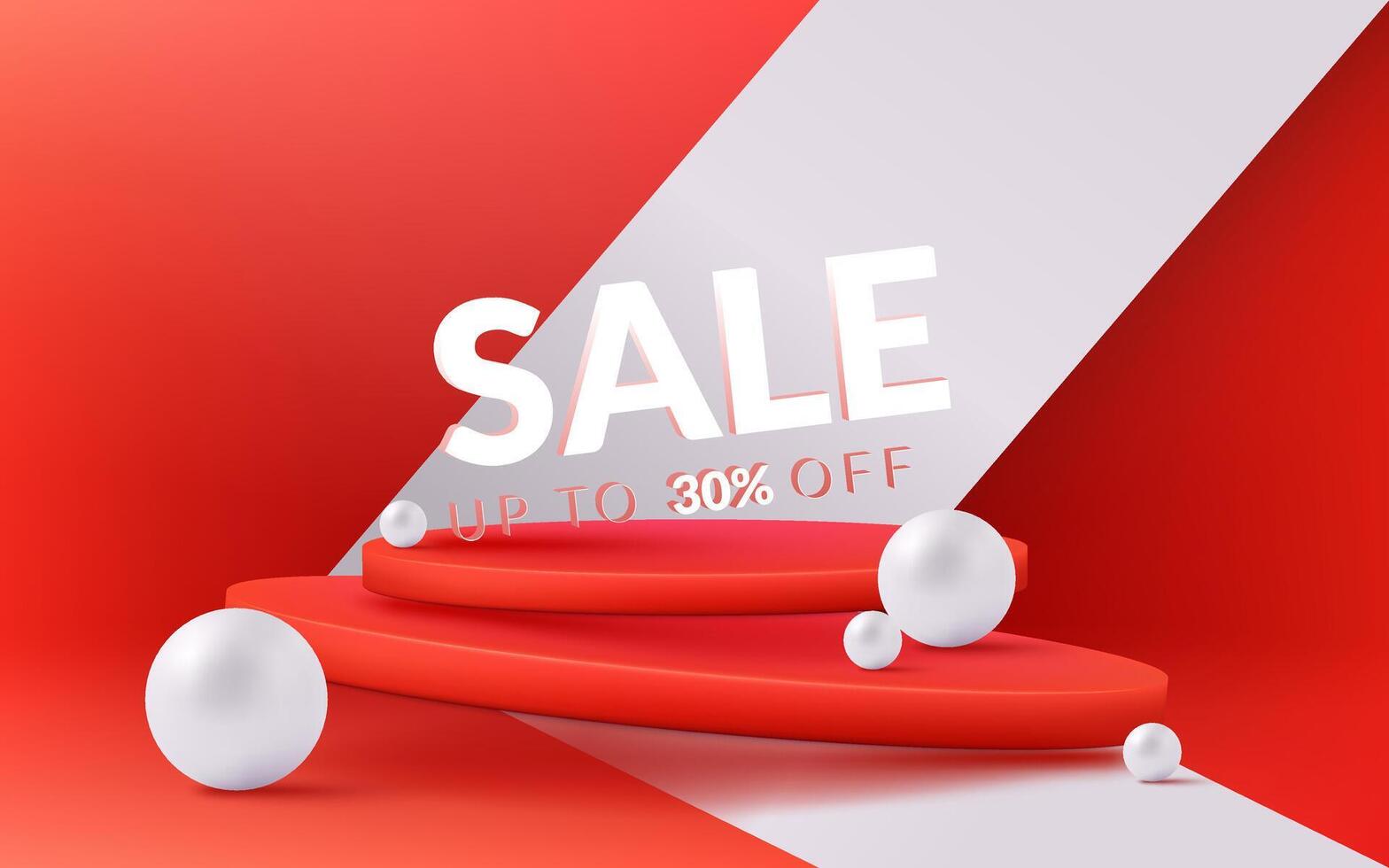 A sleek 3D podium with a red and white color scheme. Sale banner. The round shape and abstract design create a modern showcase. Perfect for product presentations and promotions. Not AI. vector