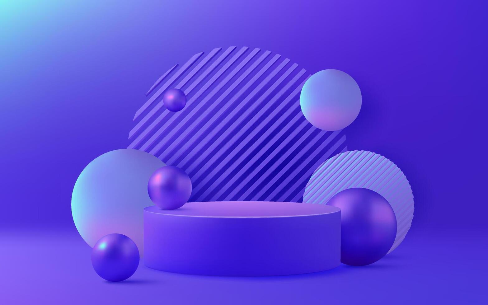 3D podium design with a purple color palette. Shiny neon metallic balls and spheres create a futuristic and celebratory atmosphere. Perfect for commercial promotions and sales. Not AI. vector