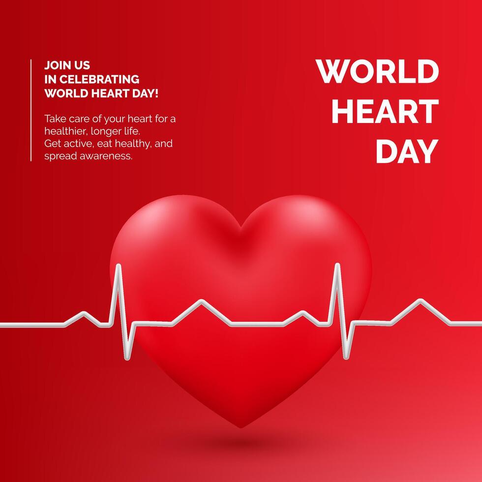 3D banner World Heart Day with a red heart symbol, emphasizing health and cardiology. Promoting awareness and medical care for heart disease. Not AI. vector