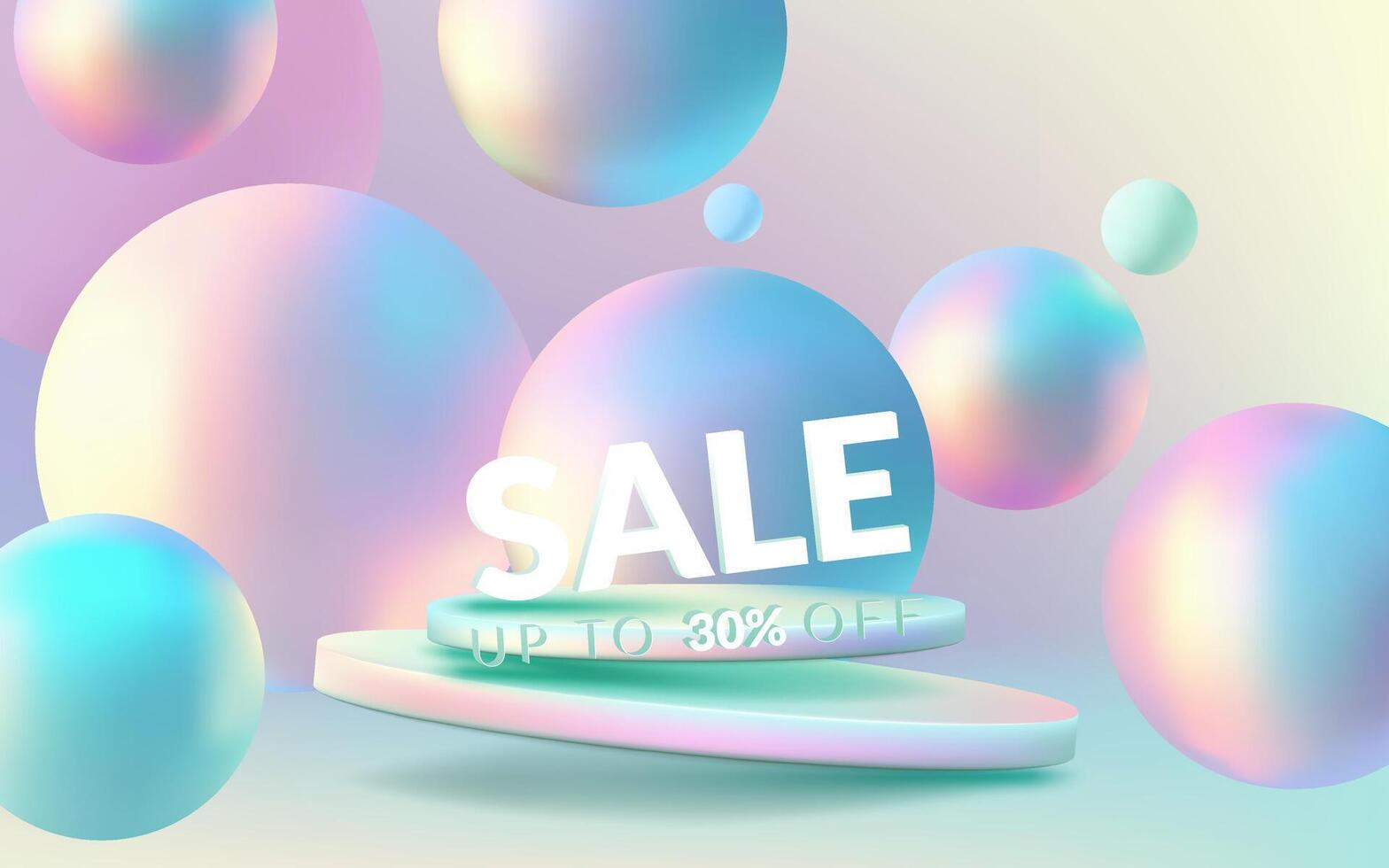 3D holographic composition with glowing balls on a neon abstract background. Modern sale banner design with geometric shapes, podium and a minimalistic gradient. Trendy and creative element. Not AI. vector