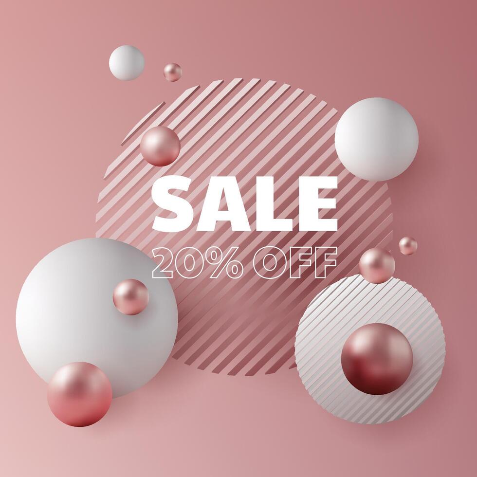 A stunning 3D banner design with a pink and gold color palette. Shiny metallic balls and spheres create a futuristic and celebratory atmosphere. Perfect for commercial promotions and sales. Not AI. vector