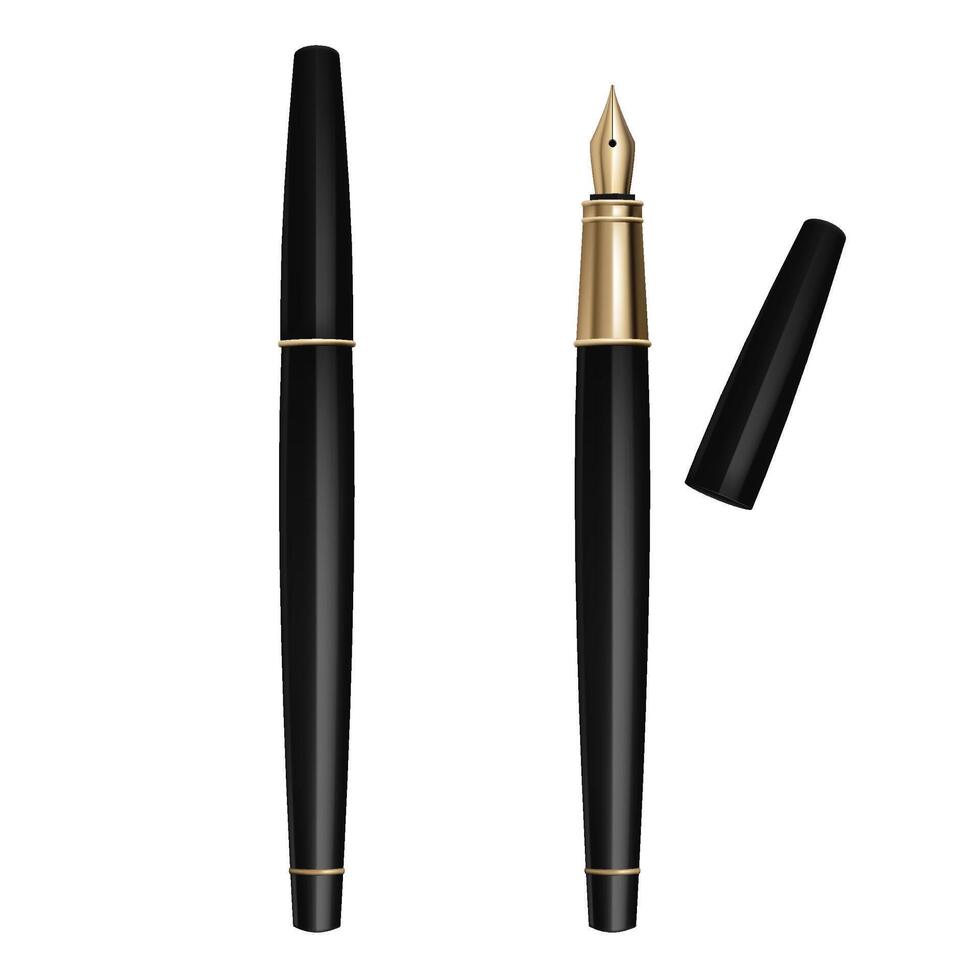 Realistic 3D illustration of a black and gold ink pen, perfect for calligraphy and stationery needs. Ideal for office, business, and education, it highlights luxury and metallic design. Not AI. vector