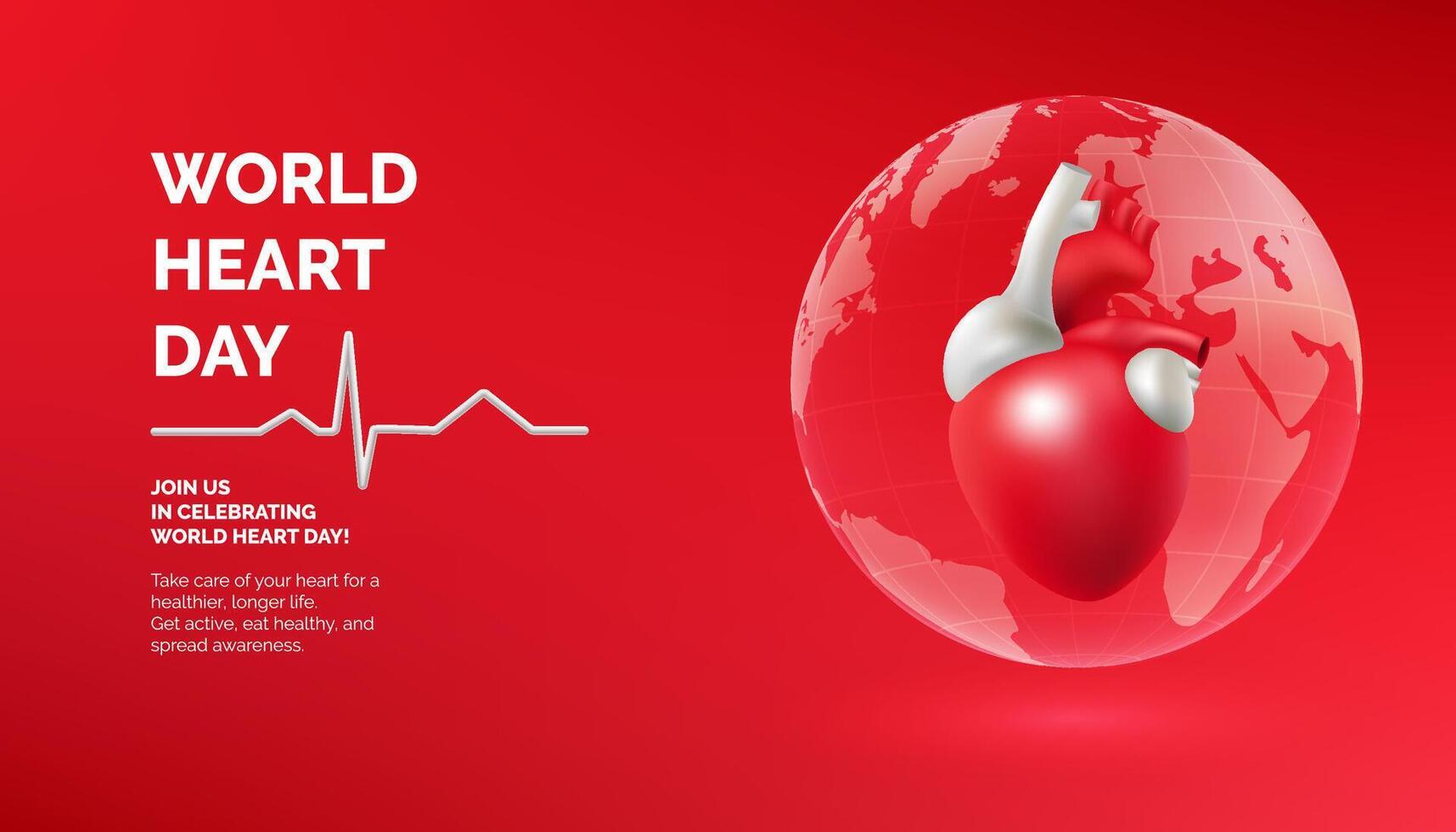 World Heart Day, a red 3d realistic heart symbolizes global health awareness. The design features a world map, emphasizing the importance of cardiovascular care worldwide. Not AI. vector