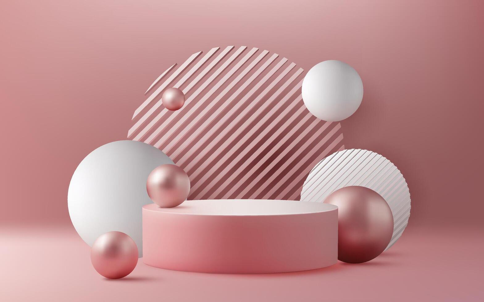 3D podium design with a pink and gold color palette. Shiny metallic balls and spheres create a futuristic and celebratory atmosphere. Perfect for commercial promotions and sales. Not AI. vector