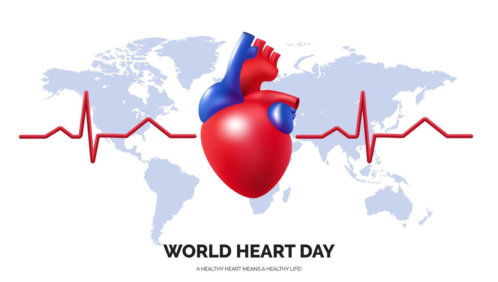 World Heart Day, a red 3d realistic heart symbolizes global health awareness. The design features a world map, emphasizing the importance of cardiovascular care worldwide. Not AI. vector