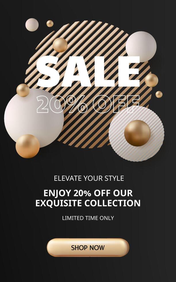 Luxury 3D banner design, black and gold elements in elegant style. Sale 20 percent off banner. 3d elements balls and circles against a dark backdrop, perfect for premium product displays. Not AI. vector
