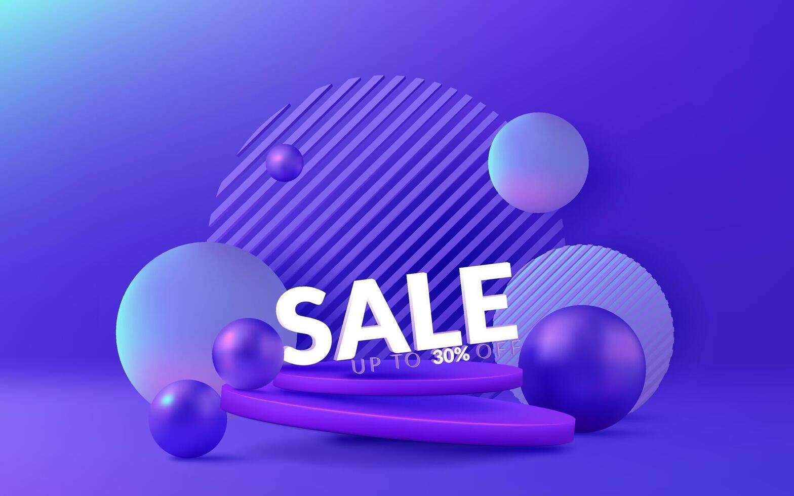 3D podium design with a purple color palette. sale banner. Shiny neon metallic balls and spheres create a futuristic and celebratory atmosphere. Perfect for commercial promotions and sales. Not AI. vector