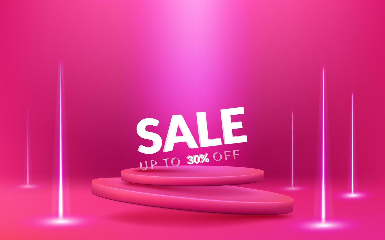 A futuristic 3D podium with pink and purple neon lights. The pedestal creating a modern and realistic showcase. Perfect for Sale presentations, promotions, and product displays. Not AI. vector