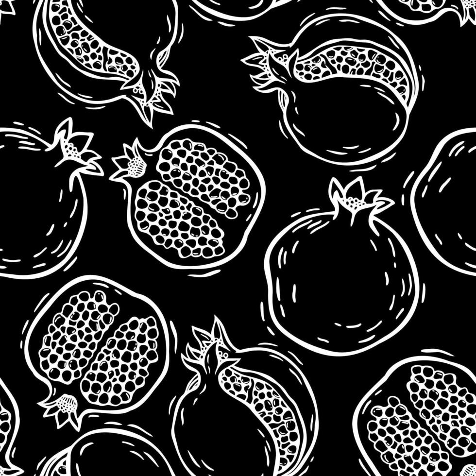 Pattern of different pomegranate fruits. botanical black and white pattern in linocut style on a black background. For packaging design of products and cosmetics, textiles, paper, wallpaper vector
