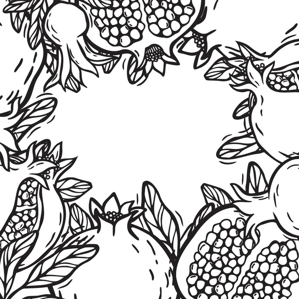 Frame with pomegranate fruits and branches with leaves. botanical black and white set in linocut style. There is space for text. For the design of food and cosmetics packaging, menus vector