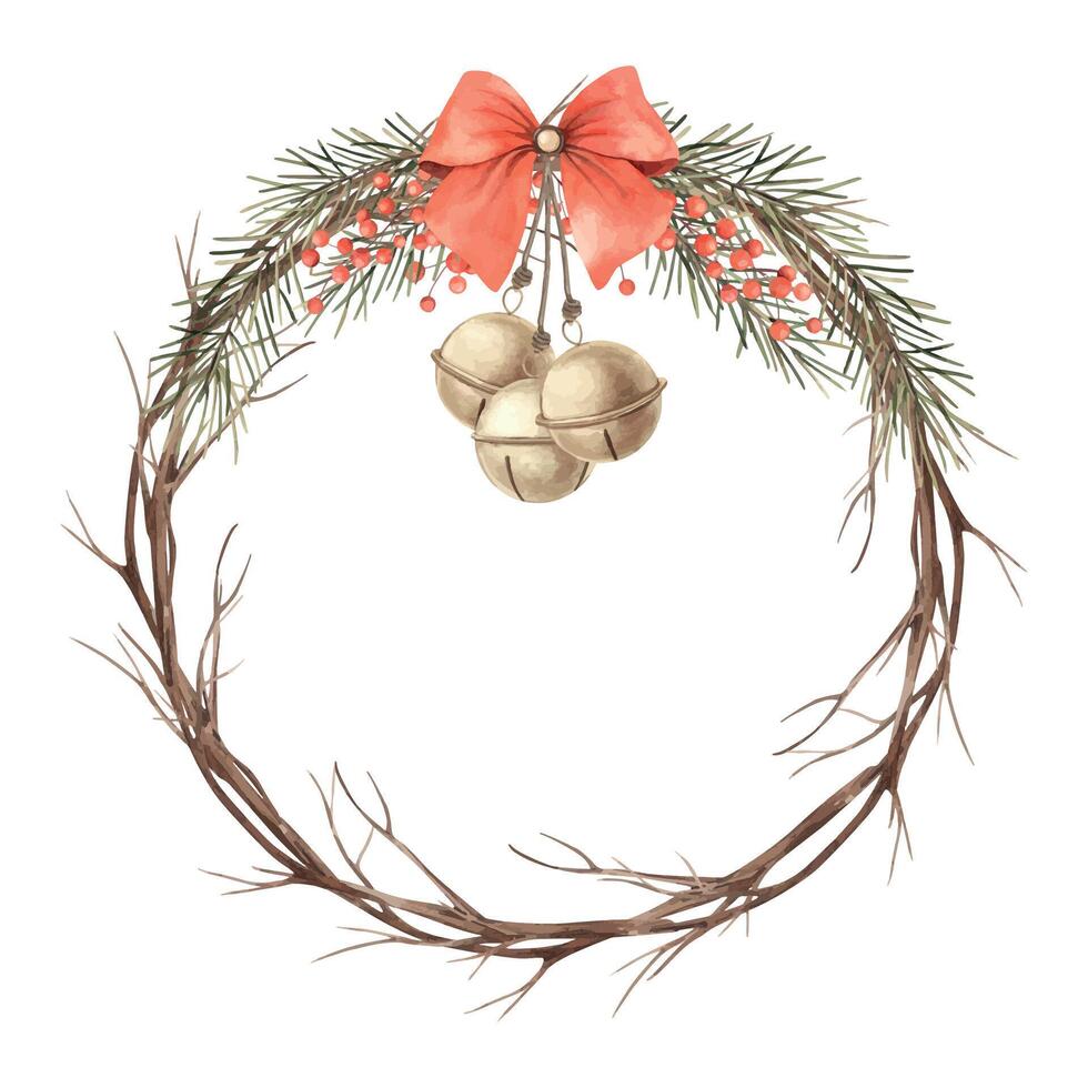 A wreath of dry tree branches with Christmas bells, fir branches, red berries and a bow. Watercolor wreath in Christmas style on an isolated background, suitable for New Year's design, cards, banners. vector
