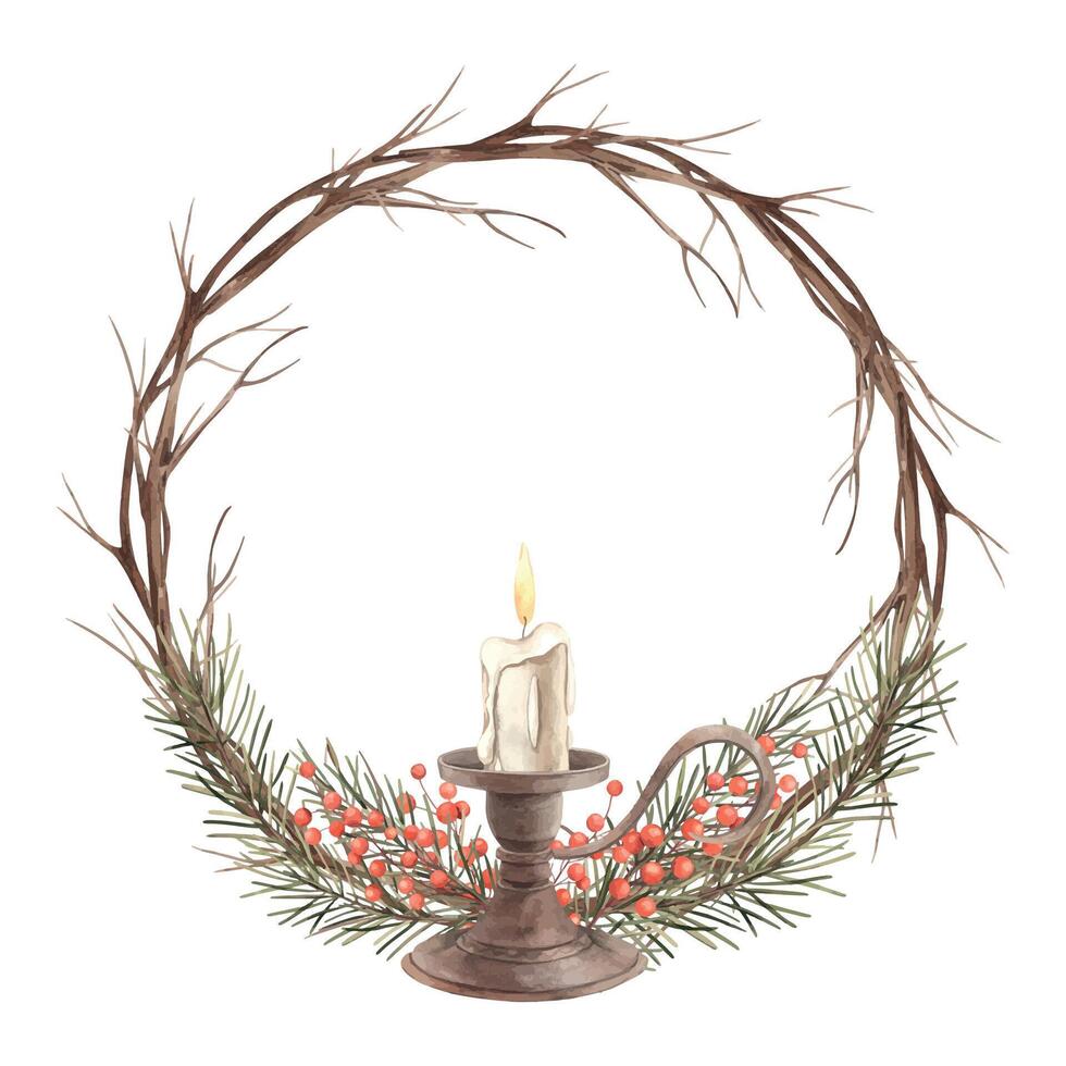 A wreath of dry tree branches with fir branches, red berries and a wax candle in a candlestick. Watercolor wreath in holiday style on isolated background, suitable for New Year design, cards, banners. vector