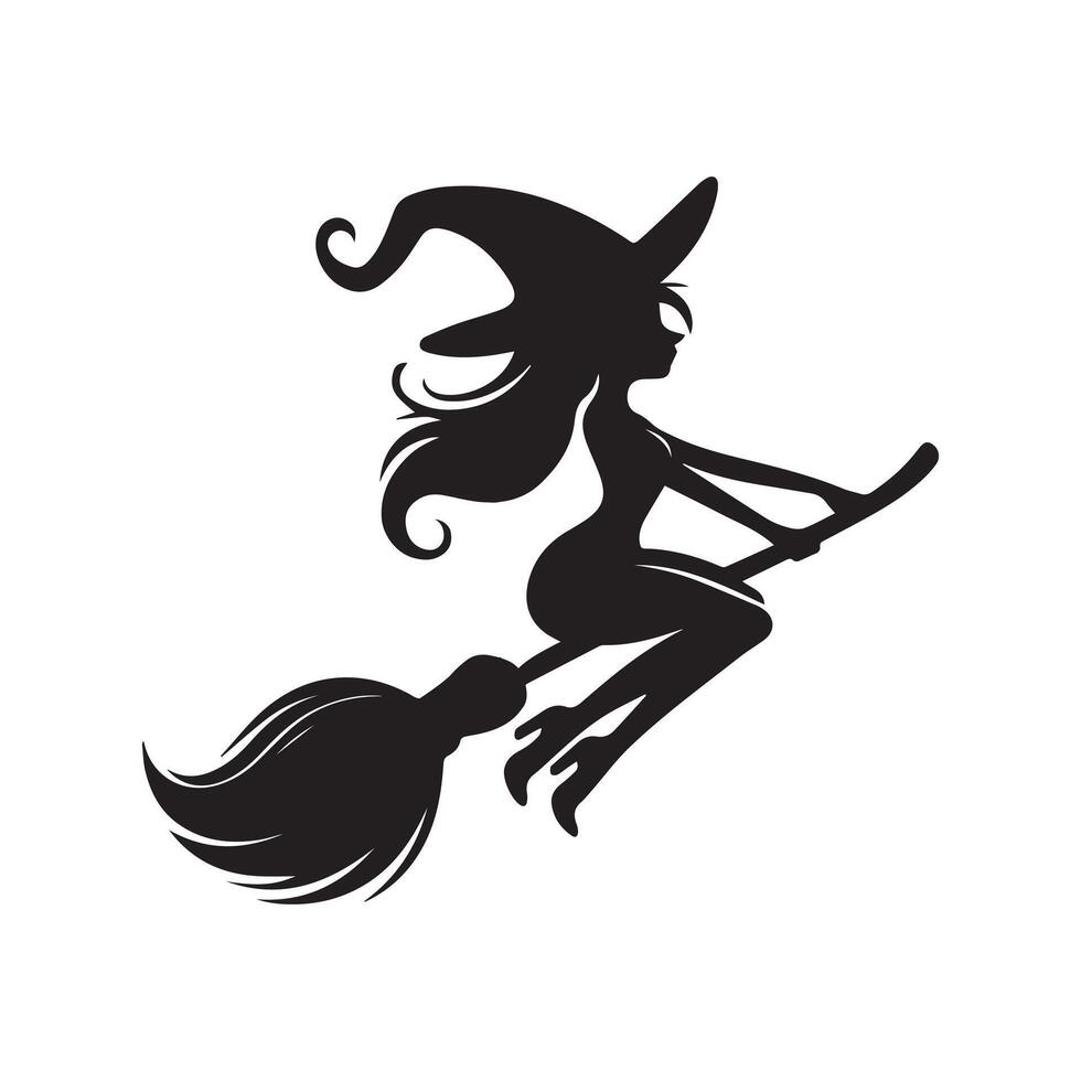 a creepy witch flying on a broomstick silhouette vector
