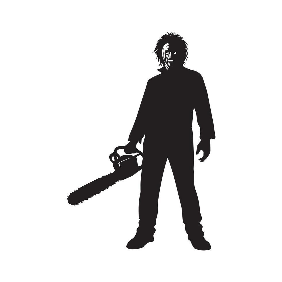 a horror villain with a chainsaw illustration in black and white vector