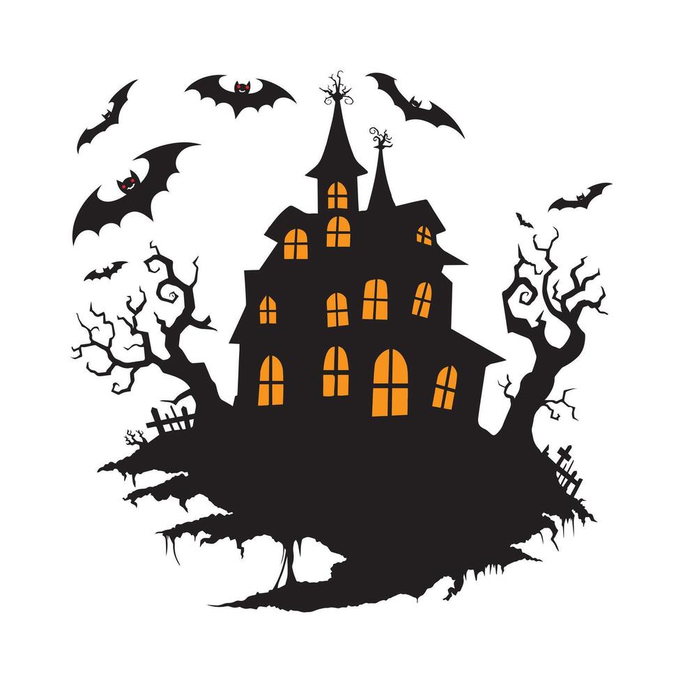 Halloween haunted house - creepy house illustration in black and white vector